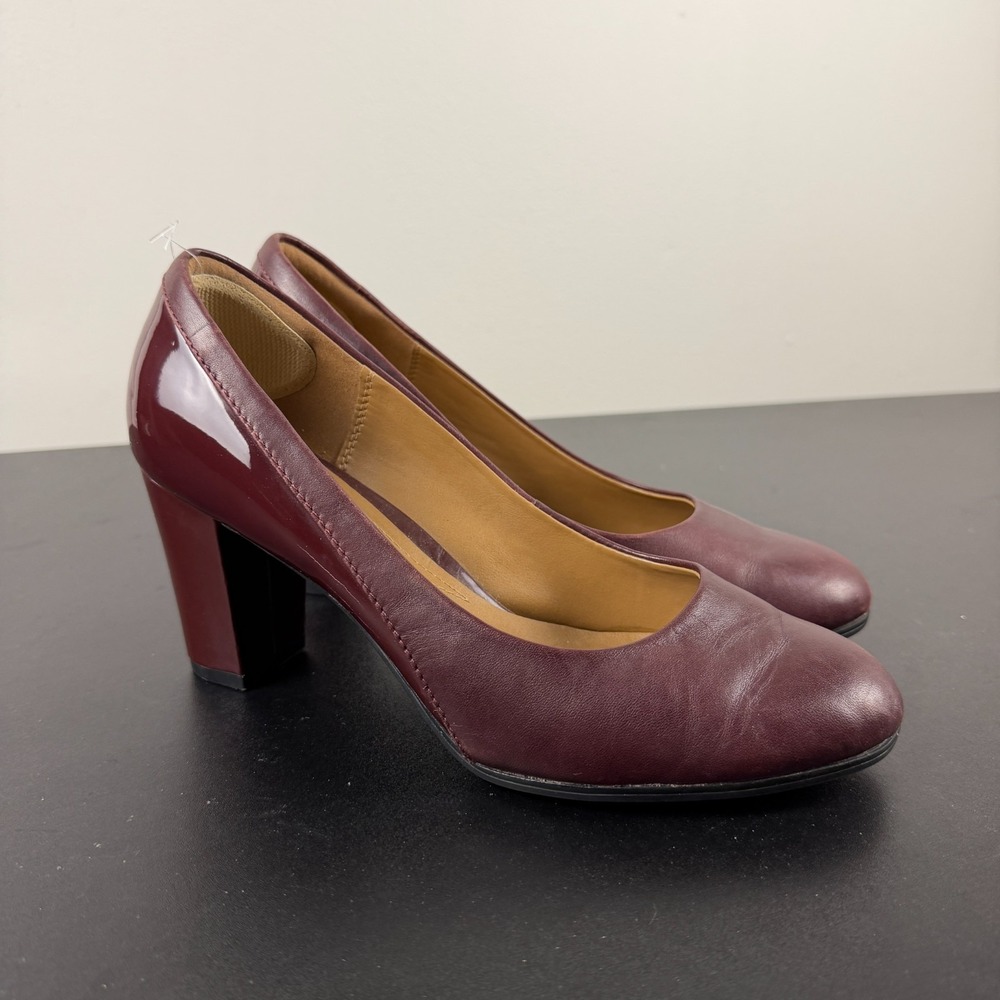 Clarks Dress Pumps Women's 8.5M Burgundy Red‎ Leather Block Heels Career Work
